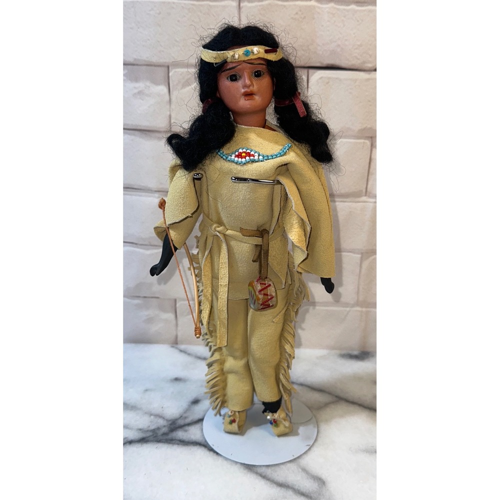 Vintage Native American Style Souvenir Doll Beaded Fringed Outfit Bow Drum Stand